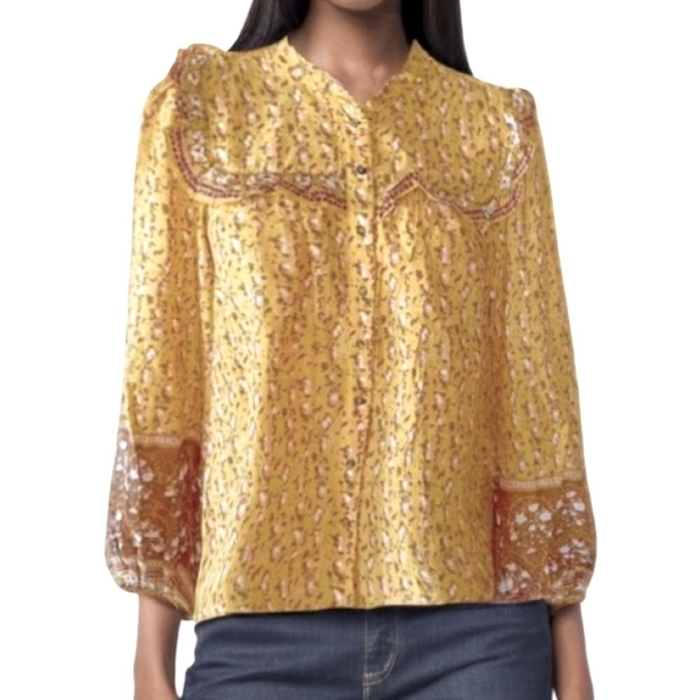 Joie Prairie Floral Ruffle Blouse Yellow Brown XL NWT